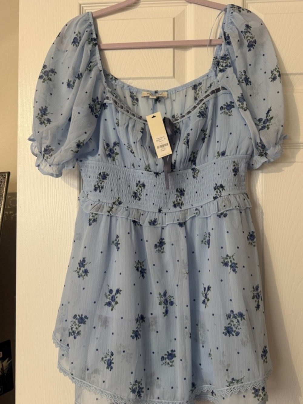 Francesca's Light Blue Floral Smocked Babydoll Top